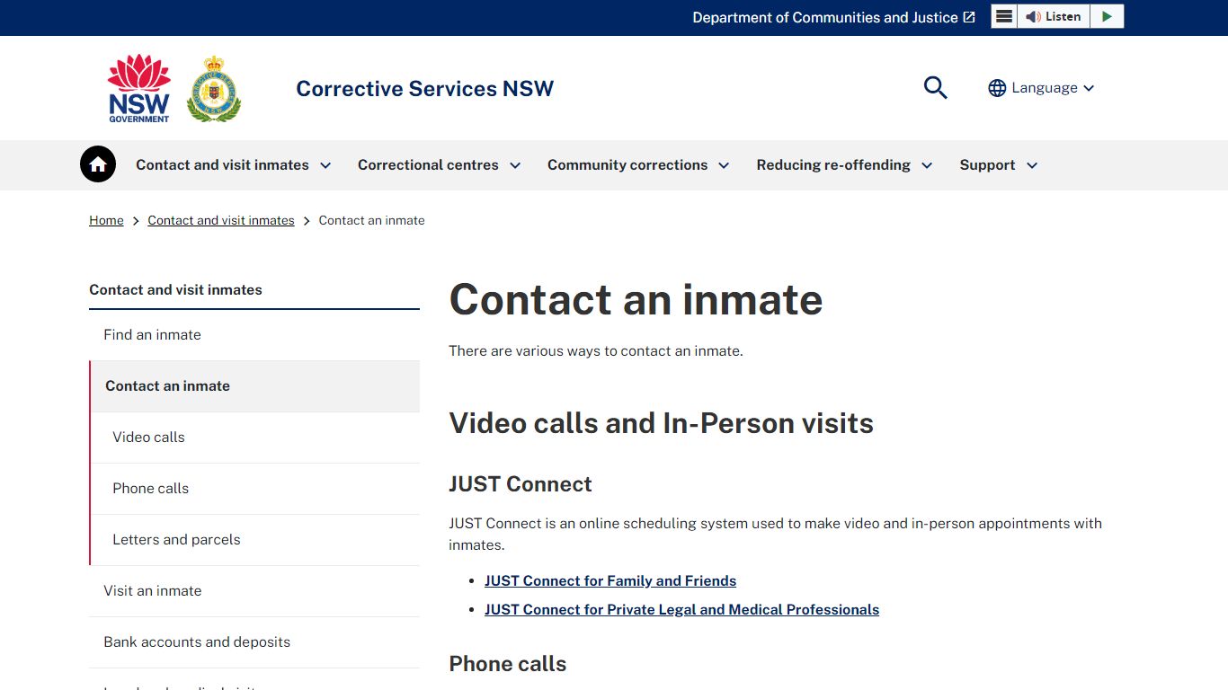 Contact an inmate - Corrective Services NSW Home